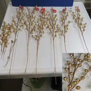 Warm Gold Vintage (6) Floral Stems Berries Faux Floral